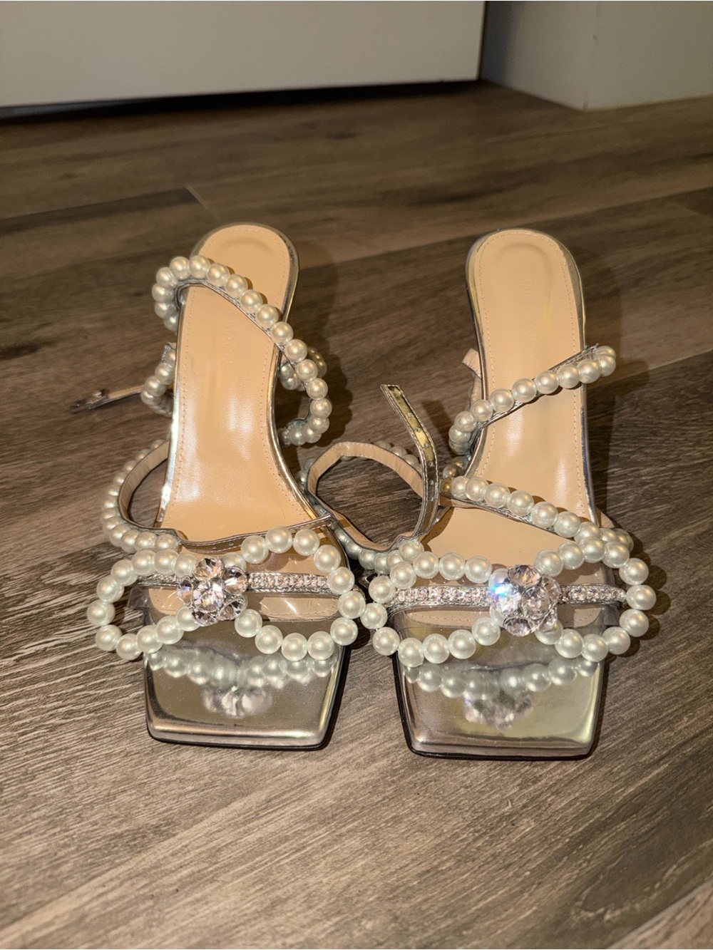 Mach & Mach Pearl-Embellished Silver Strappy Heels for Women